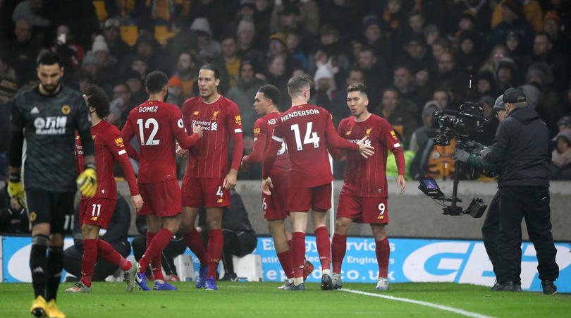 Liverpool's Roberto Firmino celebrates scoring his side's second goal of the game during the Premier League match at Molineux, Wolverhampton.