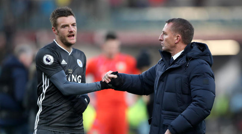 Leicester City's Jamie Vardy (left) and manager Brendan Rodgers after the Premier League match at Turf Moor, Burnley.