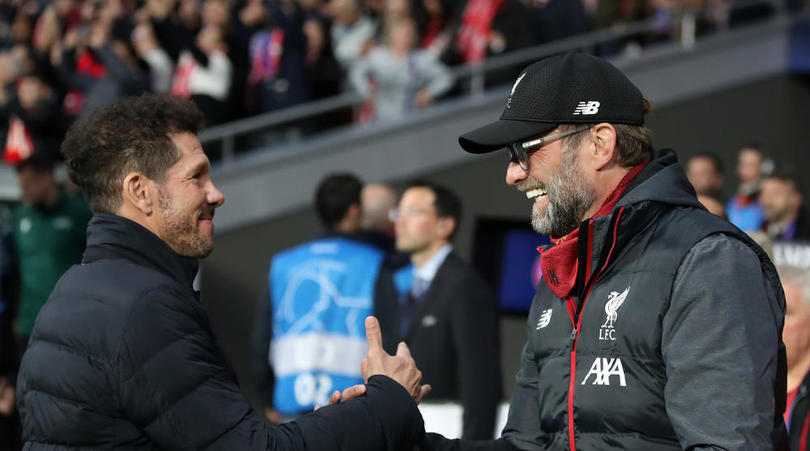 Atletico Madrid manager Diego Simeone greets Liverpool manager Jurgen Klopp