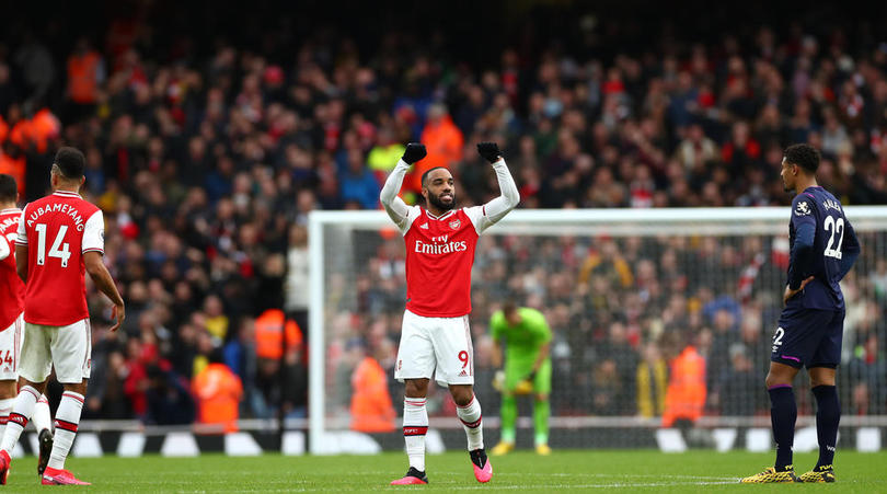 Arsenal forward Alexandre Lacazette celebrates after his side's first goal of the game is re-allowed through VAR during the Premier League match at the Emirates Stadium, London.