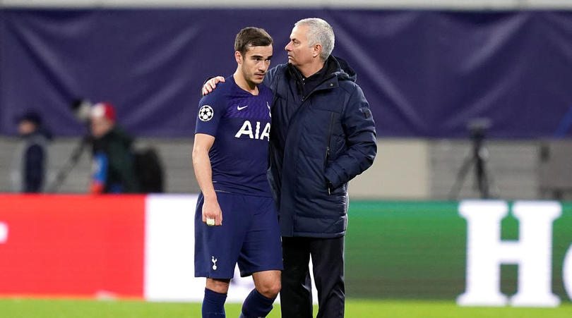 Tottenham Hotspur manager Jose Mourinho and Harry Winks appear dejected after the final whistle at the UEFA Champions League round of 16 second leg match at the Red Bull Arena, Leipzig.