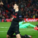 Alvaro Morata of Atletico Madrid celebrates after scoring his team's third goal during the UEFA Champions League round of 16 second leg match between Liverpool FC and Atletico Madrid