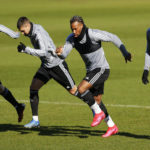 Wolves players' Diogo Jota (far left),' Bruno Jordao , Adama Traore (centre) and Leonardo Campana