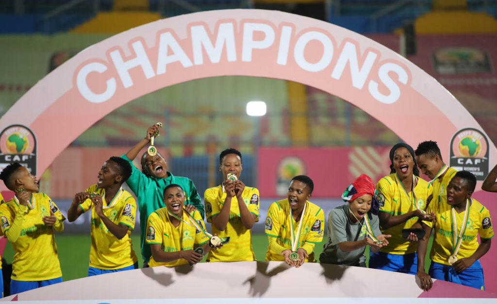 Mamelodi Sundowns celebrate victory during the 2021 TotalEnergies CAF Women's Champions League football Final between Hasaacas v Sundowns