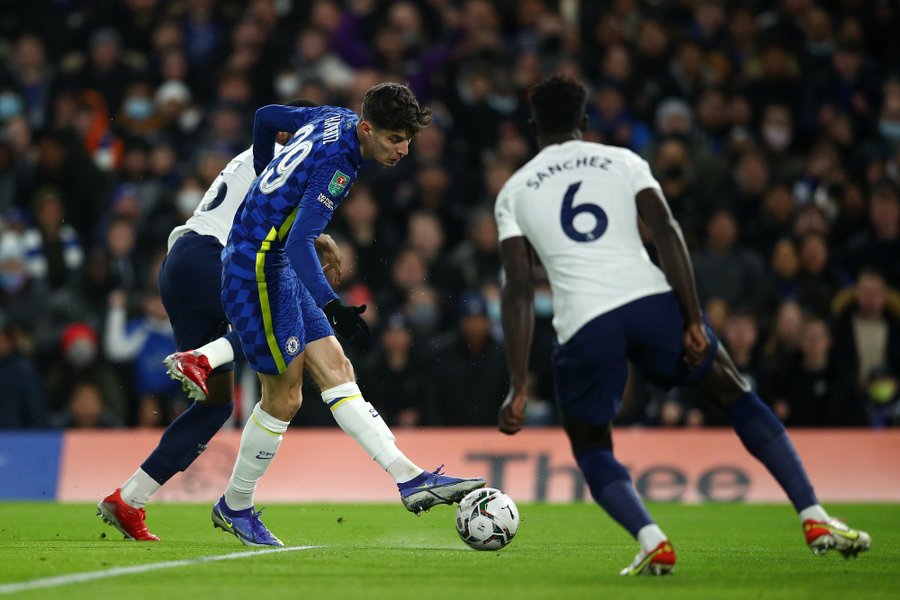 Kai Havertz of Chelsea scoring against Tottenham Hotspur in the Caraba Cup semi-final first leg at Stamford Bridge