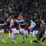 Phillipe Coutinho of Aton Villa celebrates scoring against Manchester United