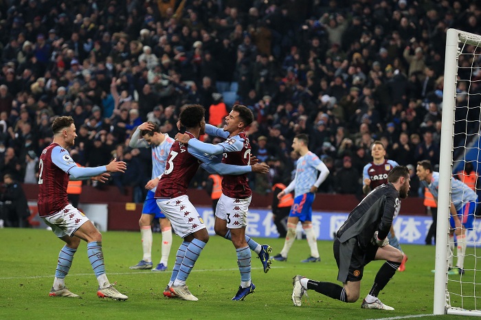 Phillipe Coutinho of Aton Villa celebrates scoring against Manchester United