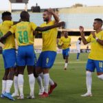 Themba Zwane of Mamelodi Sundowns celebrates goal with teammates during the CAF Champions League 21/22 match between Mamelodi Sundowns and Al Hilal