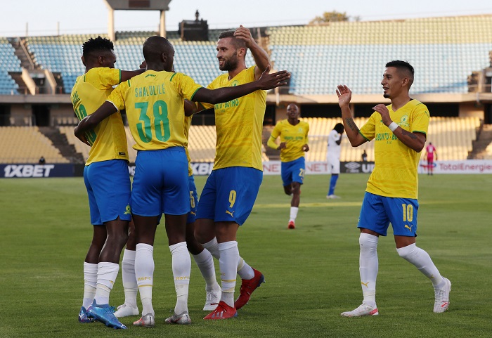 Themba Zwane of Mamelodi Sundowns celebrates goal with teammates during the CAF Champions League 21/22 match between Mamelodi Sundowns and Al Hilal