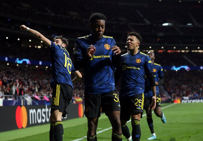 Anthony ELanga of Manchester United against Atletico Madrid in the Uefa Champions League