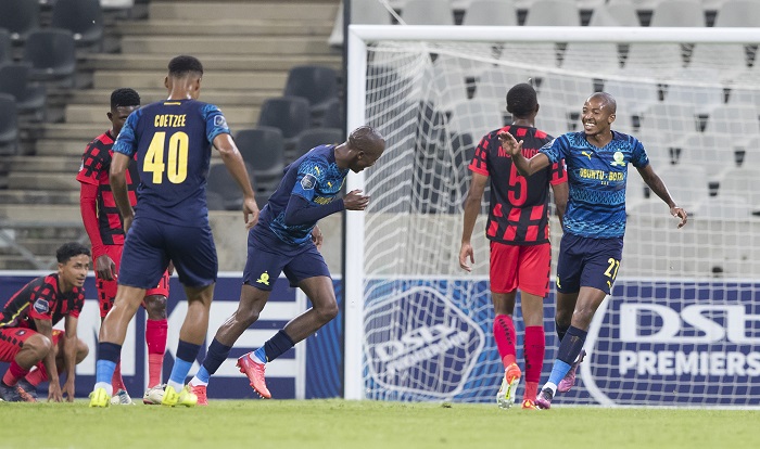 Khuliso Mudau of Mamelodi Sundowns celebrates scoring a goal against TS Galaxy