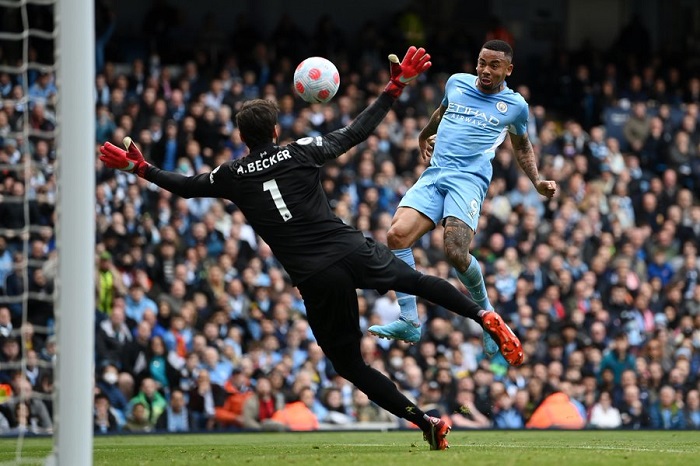 Manchester City forward Gabriel Jesus and Liverpool goalkeeper Alisson