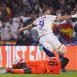 Karim Benzema of Real Madrid celebrates scoring againsr Chelsea