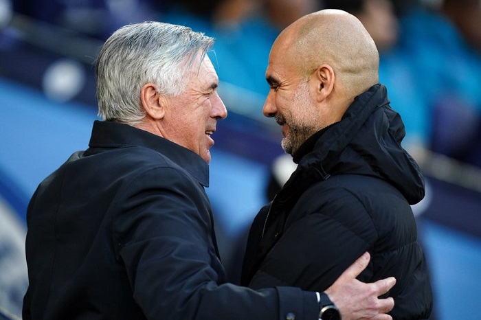 Pep Guardiola, manchester City and Carlo Ancelotti of Real Madrid