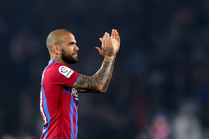 SYDNEY, AUSTRALIA - MAY 25: Dani Alves of FC Barcelona gestures during the match between FC Barcelona and the A-League All Stars at Accor Stadium on May 25, 2022 in Sydney, Australia. (Photo by Brendon Thorne/Getty Images)