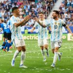 Lionel Messi of Argentina celebrates with his teammates Carlos Joaquin Correa of Argentina after scoring his team's third goal during the international friendly match between Argentina and Estonia at Estadio El Sadar on June 05, 2022 in Pamplona, Spain. (Photo by Juan Manuel Serrano Arce/Getty Images)