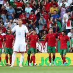 LISBON, PORTUGAL - JUNE 09: Goncalo Guedes of Portugal celebrates with Cristiano Ronaldo after scoring their side's second goal during the UEFA Nations League League A Group 2 match between Portugal and Czech Republic at Estadio Jose Alvalade on June 09, 2022 in Lisbon, Portugal. (Photo by Carlos Rodrigues/Getty Images)