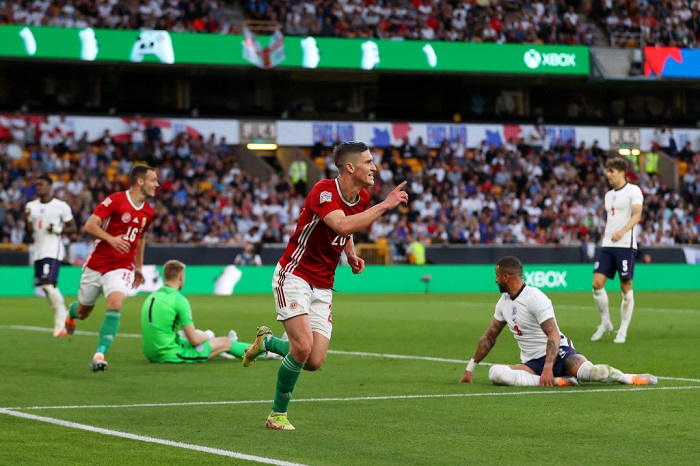 WOLVERHAMPTON, ENGLAND - JUNE 14: Roland Sallai of Hungary celebrates after scoring their team's second goal during the UEFA Nations League - League A Group 3 match between England and Hungary at Molineux on June 14, 2022 in Wolverhampton, England. (Photo by Catherine Ivill/Getty Images)