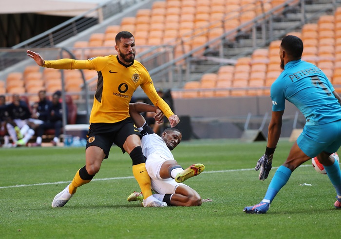 Craig Martin of Cape Town City scores past Brandon Petersen, hallenged by Daniel Cardoso of Kaizer Chiefs during the DStv Premiership 2021/22 football match between Kaizer Chiefs and Cape Town City at Soccer City, Johannesburg on 30 April 2022 ©Gavin Barker/BackpagePix