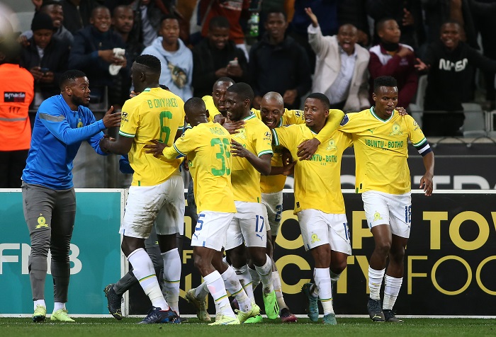 Aubrey Modiba of Mamelodi Sundowns (17) is congratulated for scoring the opening goal during the DStv Premiership 2022/23 match between Cape Town City and Mamelodi Sundowns held at Cape Town Stadium in Cape Town on 05 August 2022 © Shaun Roy/BackpagePix