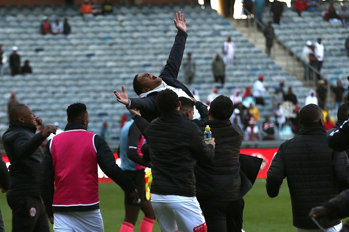 Chippa United head coach Daine Klate celebrates after final whistle as Chippa United beat Orlando Pirates 1-0 during the DStv Premiership 2022/23 match between Orlando Pirates and Chippa United held at Orlando Stadium in Johannesburg on 14 August 2022 © Shaun Roy/BackpagePix