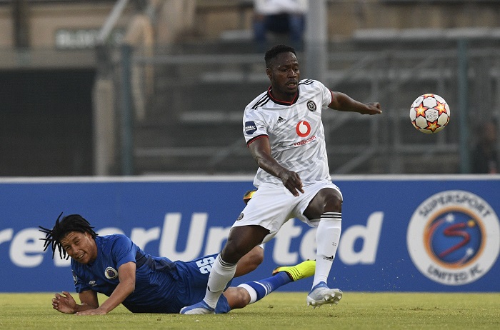 Bienvenu Eva Nga of Orlando Pirates challenged by Luke Fleurs of Supersport United during DStv Premiership 2022/23 match between Supersport United AND Orlando Pirates at Lucas Moripe Stadium on the 21 August 2022 © Sydney Mahlangu/BackpagePix