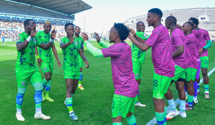 CAPE TOWN, SOUTH AFRICA - MARCH 15: Gabadinho Mhango of Marumo Gallants FC celebrates scoring a goal with team mates during the Betway Premiership match between Cape Town City FC and Marumo Gallants FC at Athlone Stadium on March 15, 2025 in Cape Town, South Africa. (Photo by Grant Pitcher/Gallo Images)