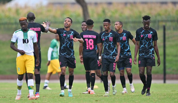 Lehlegonolo Mokone of Magesi FC celebrates a goal with his teammates during the Betway Premiership 2024/25 match between Magesi FC and Golden Arrows at Seshego Stadium in Polokwane on 15 March 2025 ©Alche Greeff/BackpagePix